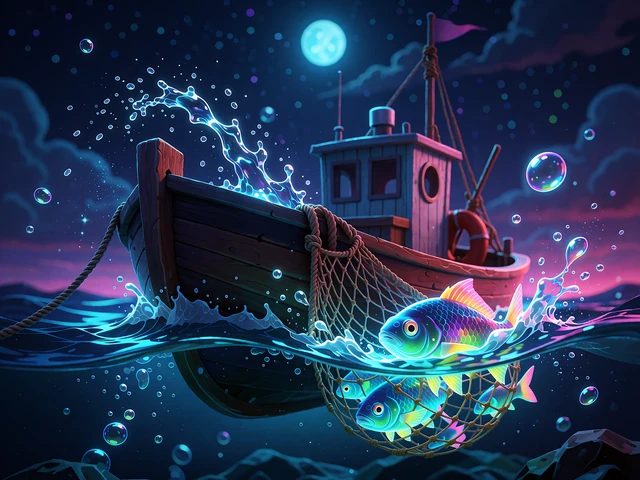 Ł&oacute;dź rybacka z siecią pełną świecących ryb na nocnym morzu - motyw slotu Big Boat Big Catch z darmowymi spinami