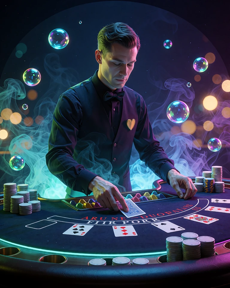 Krupier w ciemnej kamizelce rozdaje karty przy stole blackjacka z granatowym suknem - VIP Platinum Blackjack