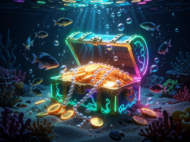 Zatopiona skrzynia skarb&oacute;w wypełniona złotymi monetami i perłami - ilustracja slot&oacute;w Hold & Win